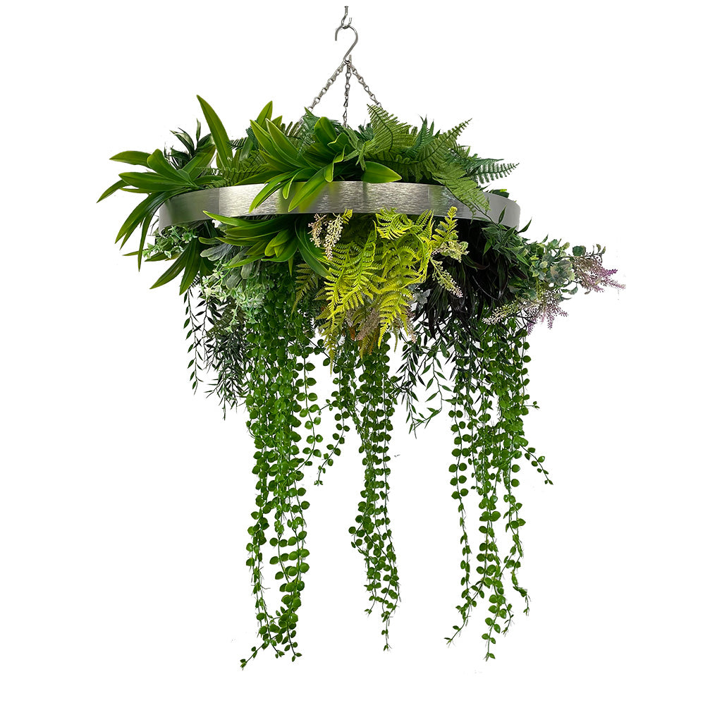Hanging hoop with a mixture of artificial green plants with yellow flowers 60cm diameter