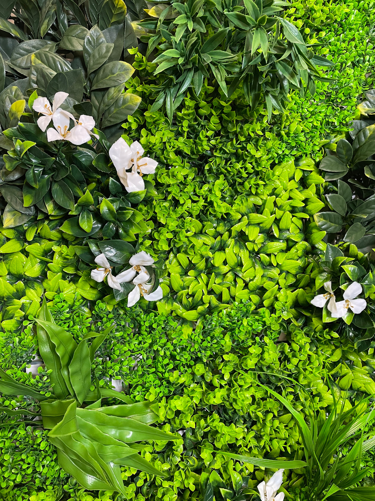 Artificial green wall panel with variegated green foliage  palms grasses eucalyptus and white flowers 100x100 cm