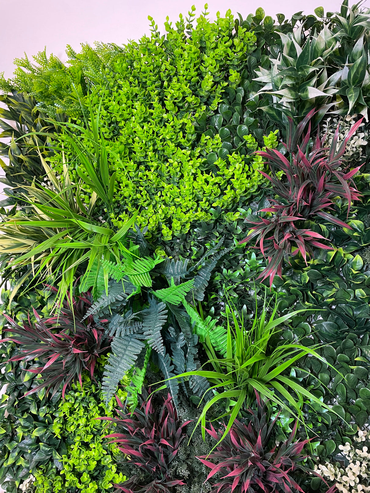 Artificial green wall panel with variegated green red foliage, yellow grasses ferns and eucalyptus  100x100 cm