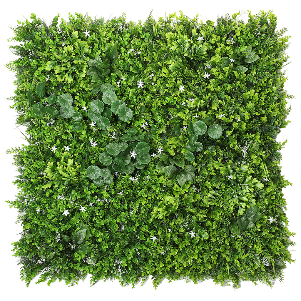 Artificial green wall mixed plant panel with white flowers 100x100 cm - www.greenplantwalls.co.uk