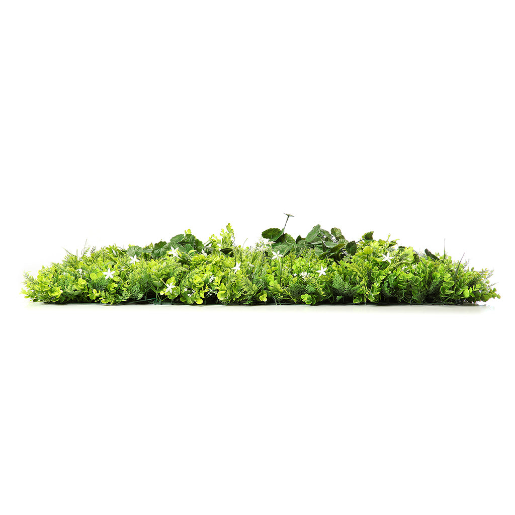 Artificial green wall mixed plant panel with white flowers 100x100 cm - www.greenplantwalls.co.uk