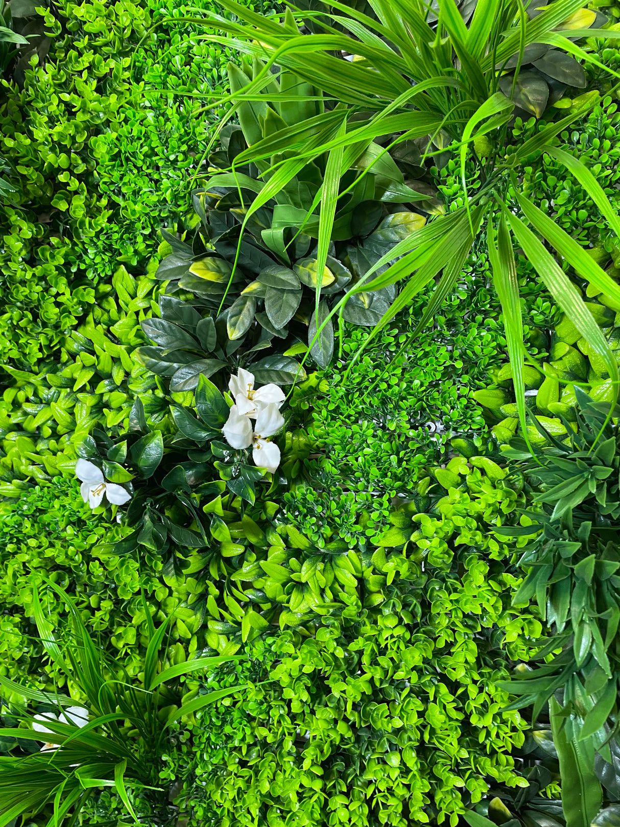 Artificial green wall panel with variegated green foliage  palms grasses eucalyptus and white flowers 100x100 cm