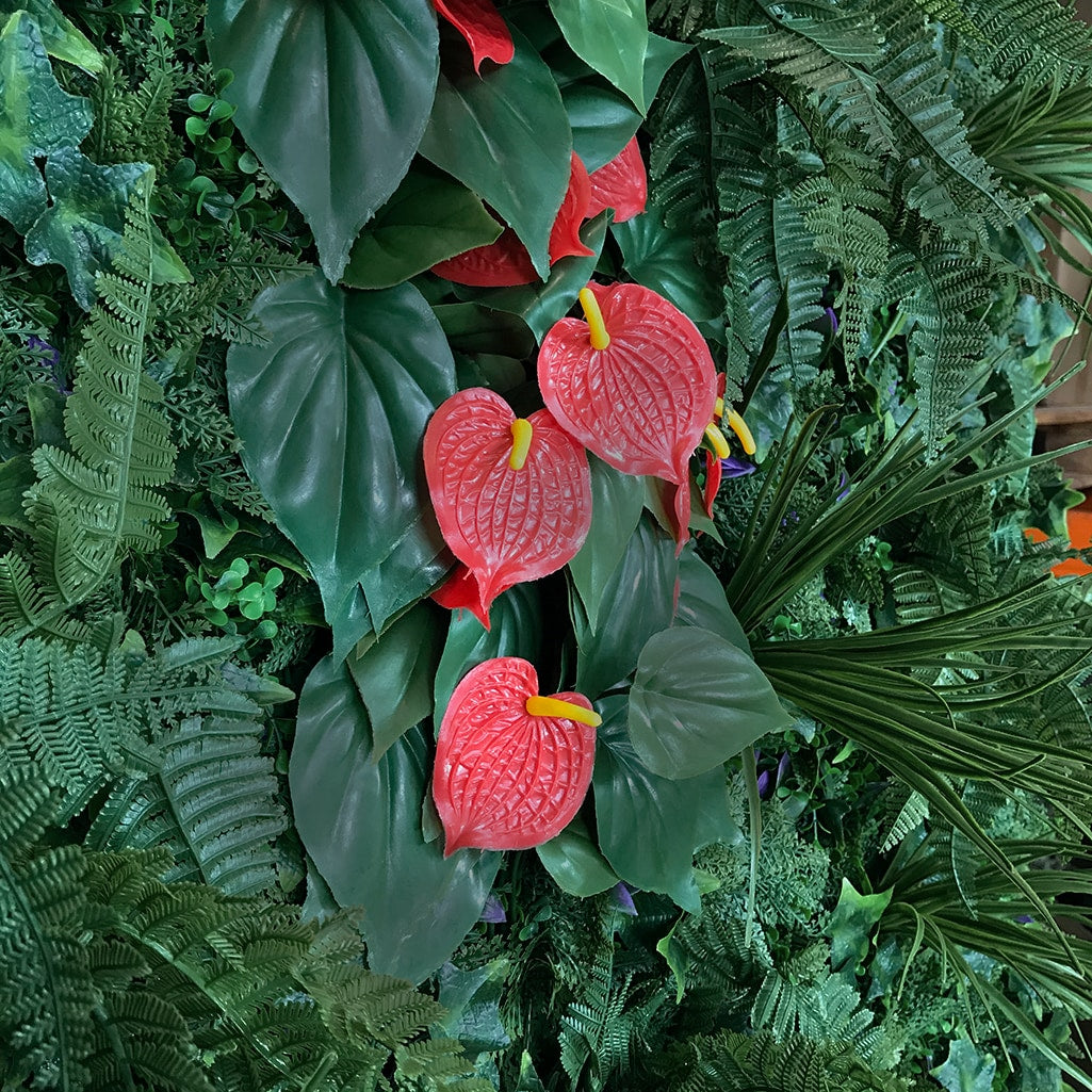 Artificial green wall mixed plant panel with ferns and grasses & red anthuriums 100x100 cm
