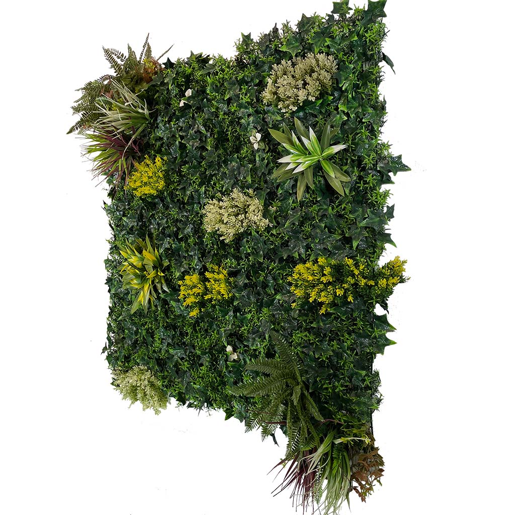 Artificial green wall panel with variegated green, red,  white & yellow foliage with ferns, palm heads, grasses & white flowers  100x100 cm