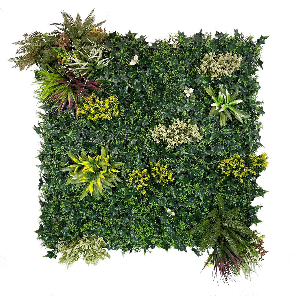Artificial green wall panel with variegated green, red,  white & yellow foliage with ferns, palm heads, grasses & white flowers  100x100 cm