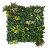 Artificial green wall panel with variegated green, red,  white & yellow foliage with ferns, palm heads, grasses & white flowers  100x100 cm