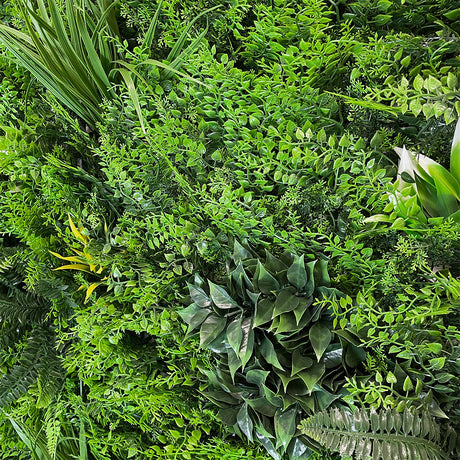 Artificial green wall panels ferns grasses palm heads & various bushes in green yellow and white - 100x100 cm