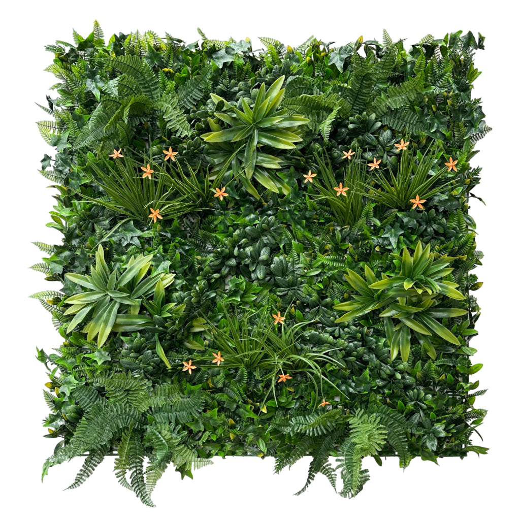 Artificial green wall panel with variegated greens of ivy, ferns, palm heads, grasses & small orange flowers 100x100 cm