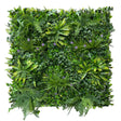 Artificial green wall panel with variegated greens of ivy, ferns, palm heads, grasses & small purple flowers 100x100 cm