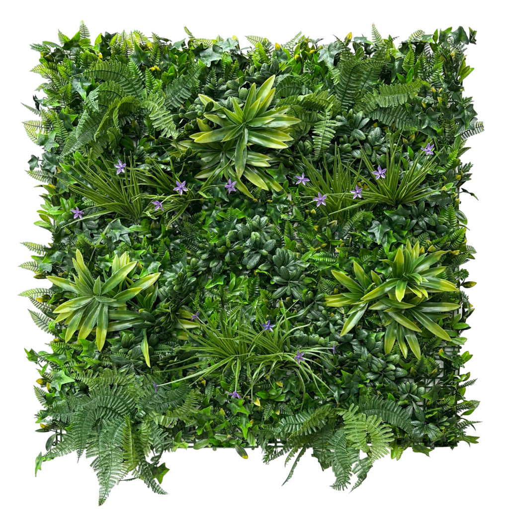 Artificial green wall panel with variegated greens of ivy, ferns, palm heads, grasses & small purple flowers  100x100 cm
