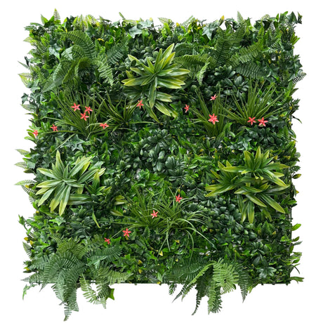 Artificial green wall panel with variegated greens of ivy, ferns, palm heads, grasses & small orange flowers 100x100 cm