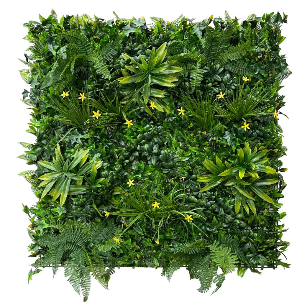 Artificial green wall panel with variegated greens of ivy, ferns, palm heads, grasses & small yellow flowers  100x100 cm