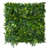 Artificial green wall panel with variegated greens of ivy, ferns, palm heads, grasses & small yellow flowers  100x100 cm