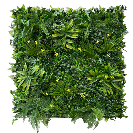 Artificial green wall panel with variegated greens of ivy, ferns, palm heads, grasses & small orange flowers 100x100 cm