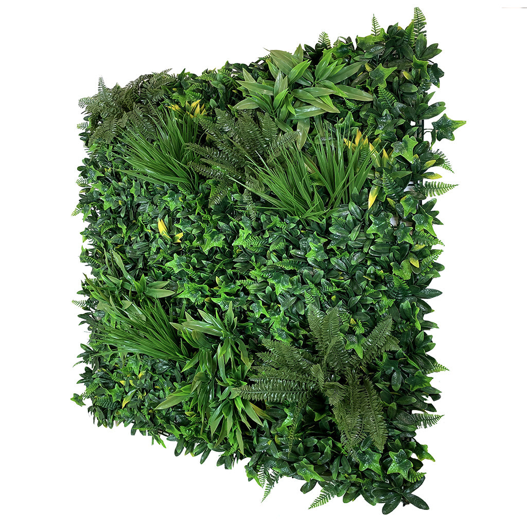 Artificial green wall panel with variegated greens of ivy, ferns, palm heads, grasses & yellow tipped privets  100x100 cm