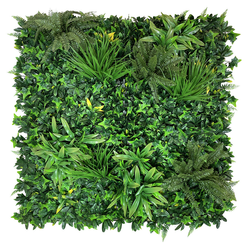 Artificial green wall panel with variegated greens of ivy, ferns, palm heads, grasses & yellow tipped privets  100x100 cm