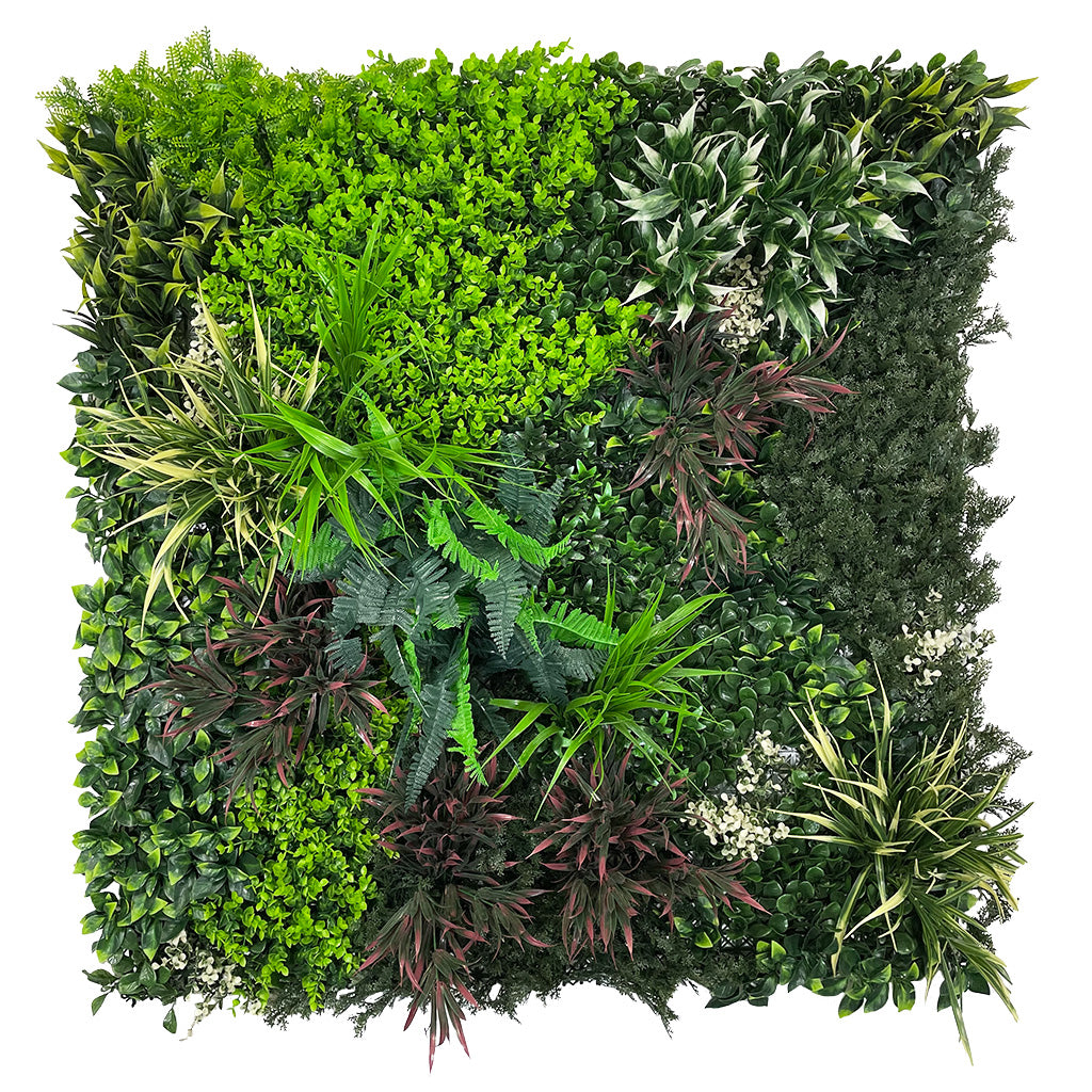 Artificial green wall panel with variegated green red foliage, yellow grasses ferns and eucalyptus  100x100 cm