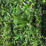Artificial green wall panel with mixed green foliage & purple trailing flowers  100x100 cm
