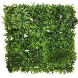 Artificial green wall panel with mixed foliage palm heads and white flowers 100x100 cm