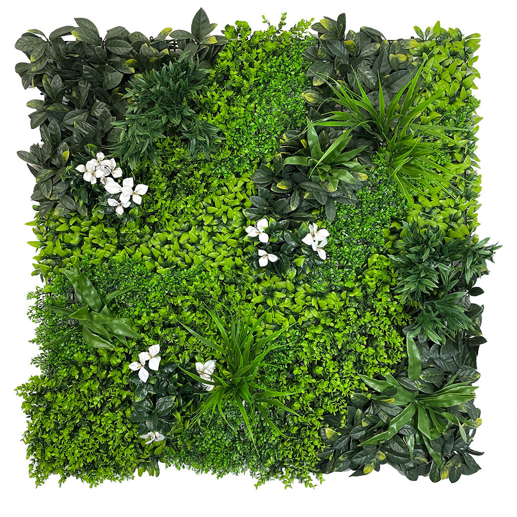 Artificial green wall panel with variegated green foliage  palms grasses eucalyptus and white flowers 100x100 cm