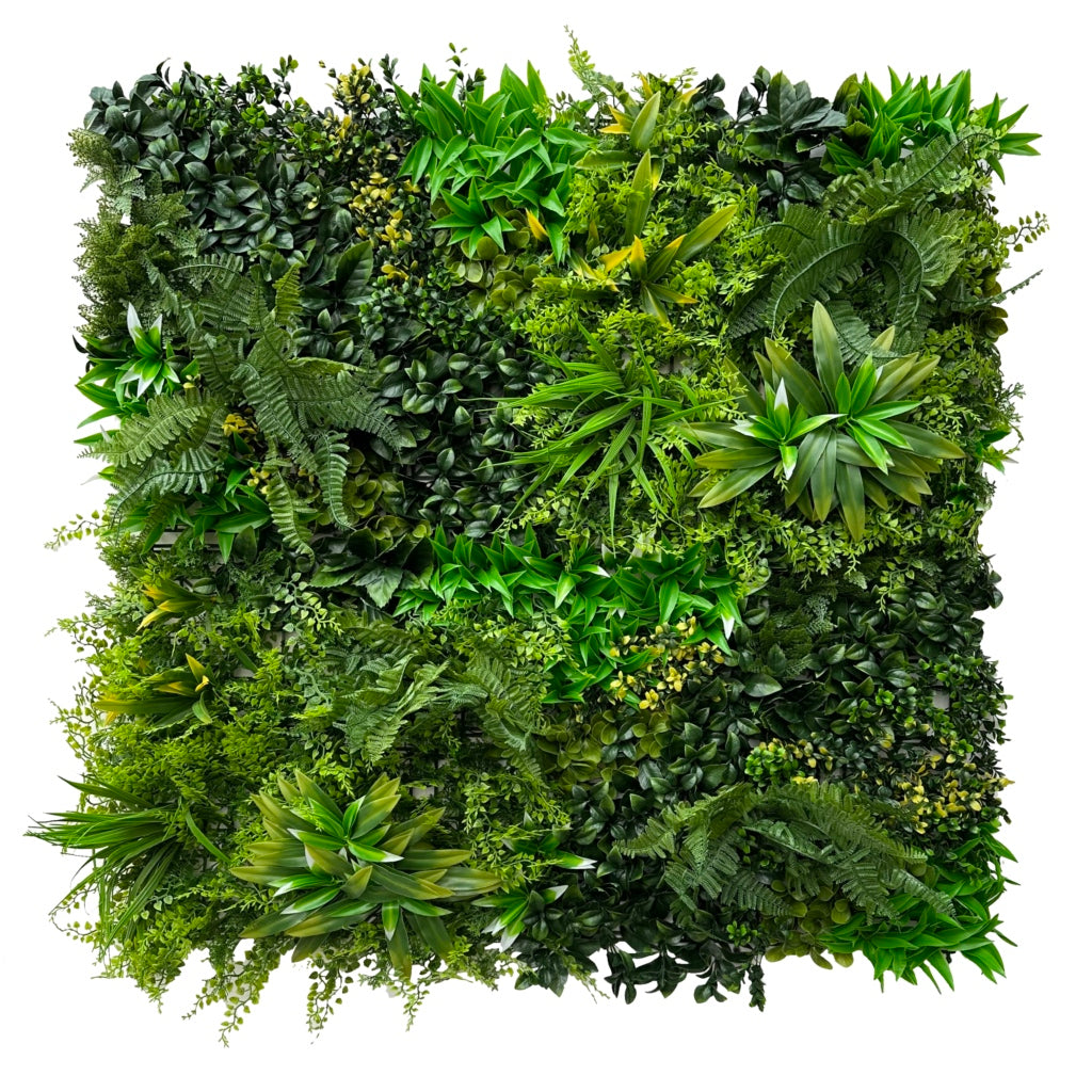 Artificial green wall panel with variegated greens and yellow foliage palms grasses ferns with yellow and white tipped foliage  100x100 cm