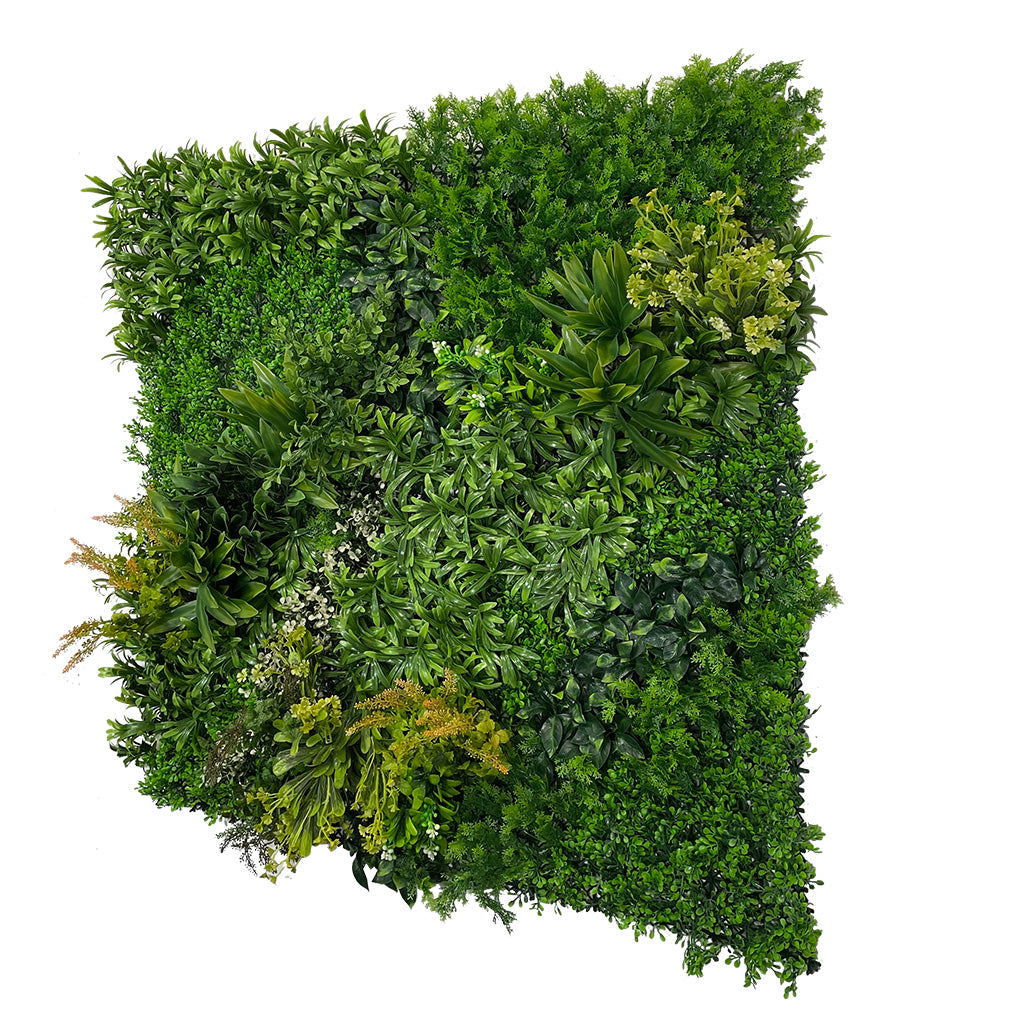 Artificial green wall panel varigated  green foliage  palms heads white flowers and orange flowering heads   100x100 cm