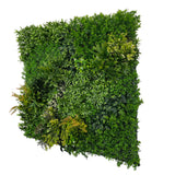 Artificial green wall panel varigated  green foliage  palms heads white flowers and orange flowering heads   100x100 cm