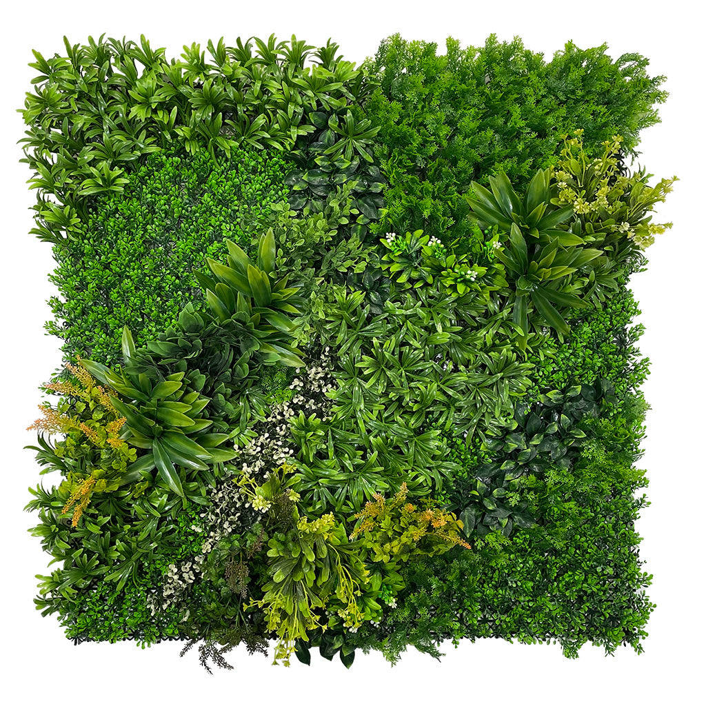 Artificial green wall panel varigated  green foliage  palms heads white flowers and orange flowering heads   100x100 cm