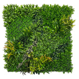 Artificial green wall panel varigated  green foliage  palms heads white flowers and orange flowering heads   100x100 cm