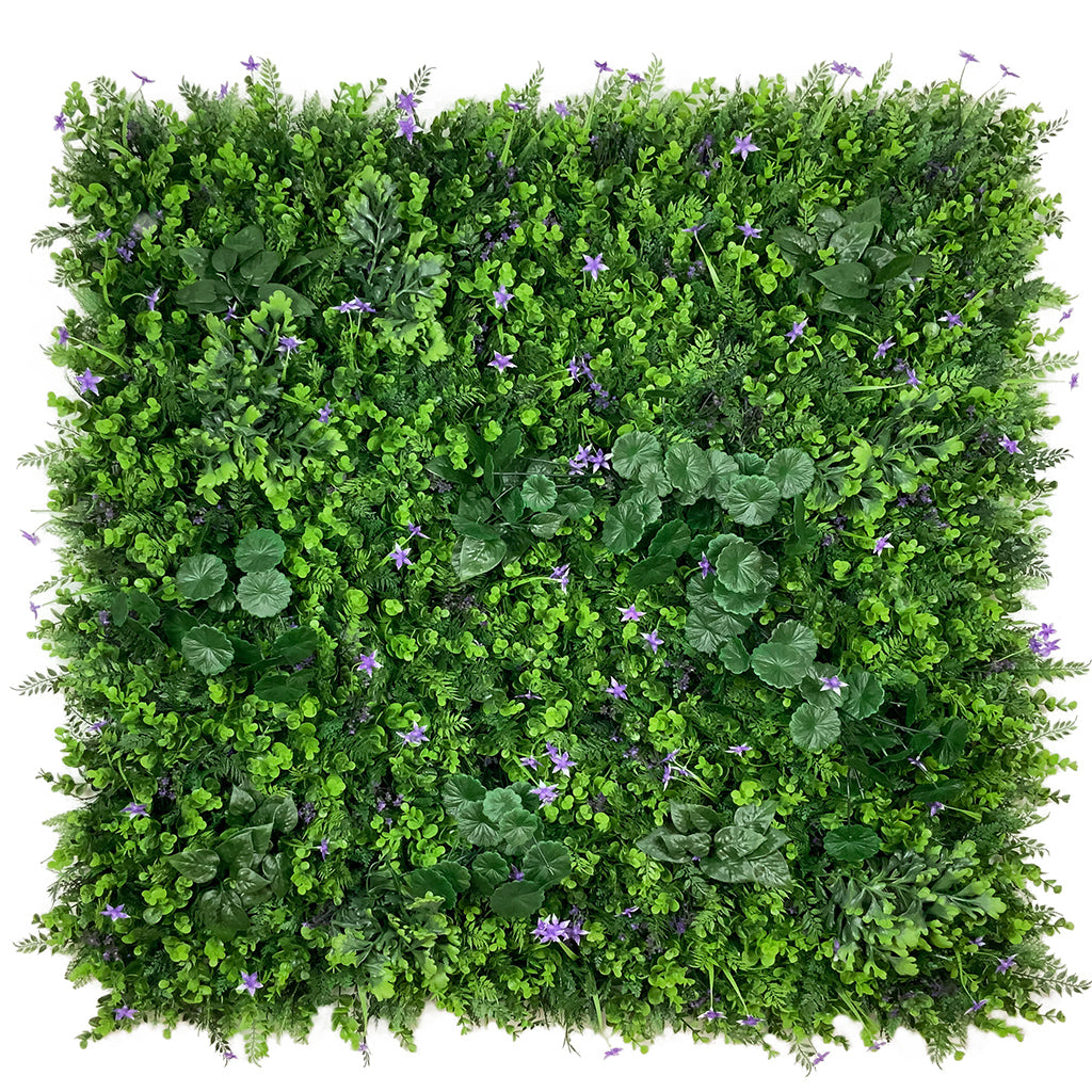 Artificial green wall mixed plant panel with purple flowers 100x100 cm - www.greenplantwalls.co.uk