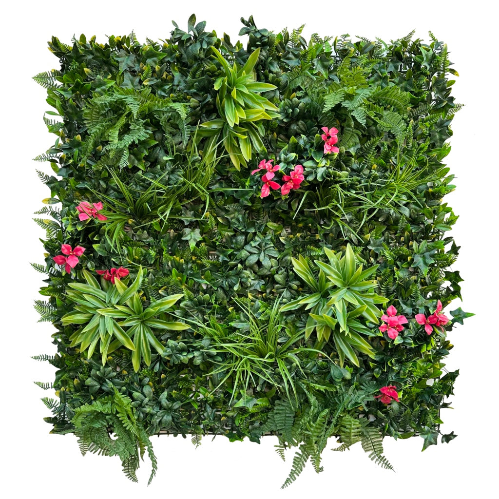 Artificial green wall panel with variegated foliage ivy palms grasses and ferns with cerise flowers 100x100 cm