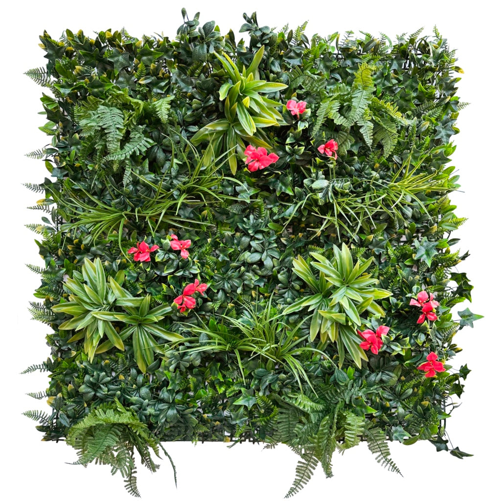 Artificial green wall panel with variegated foliage ivy palms grasses and ferns with red flowers 100x100 cm
