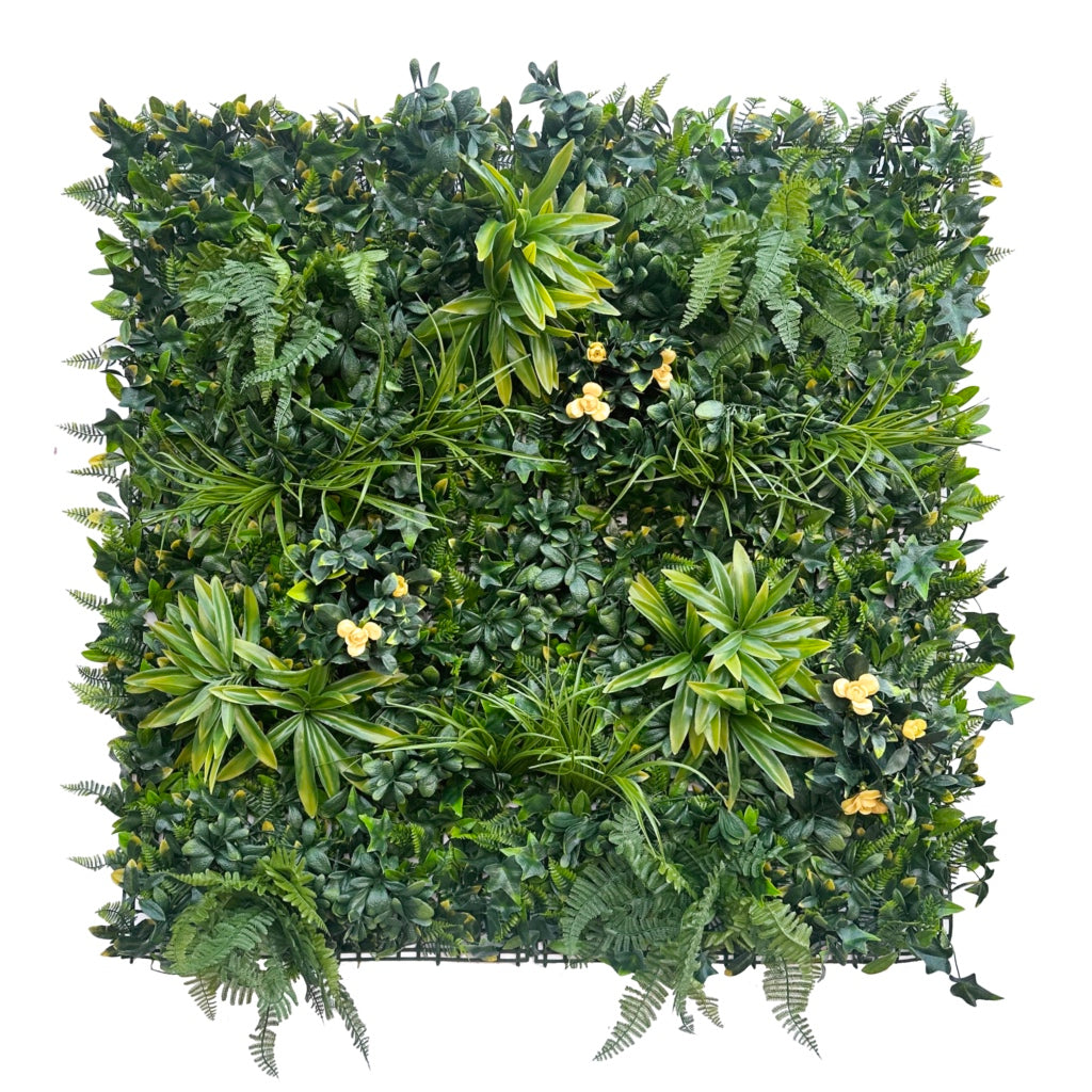 Artificial green wall panel with variegated foliage ivy palms grasses and ferns with yellow flowers 100x100 cm