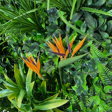 Artificial Tropical green wall with Birds of Paradise 100x100 cm