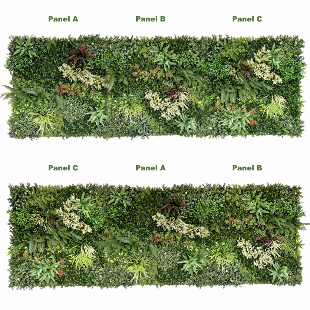 Combo of 3 x Artificial green wall panel with variegated mixed green yellow red orange and white foliage