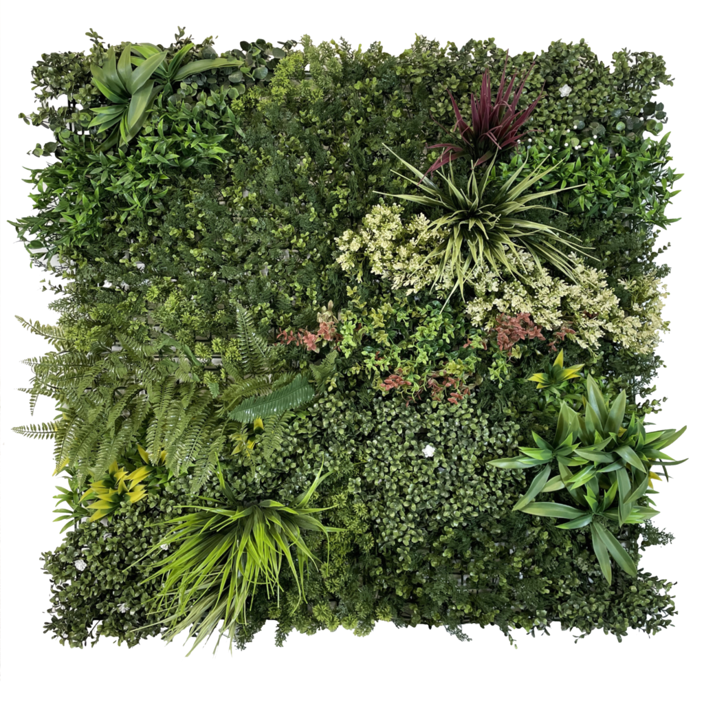 Combo panel A -  Artificial green wall panel with variegated mixed green yellow red orange and white foliage  100x100 cm