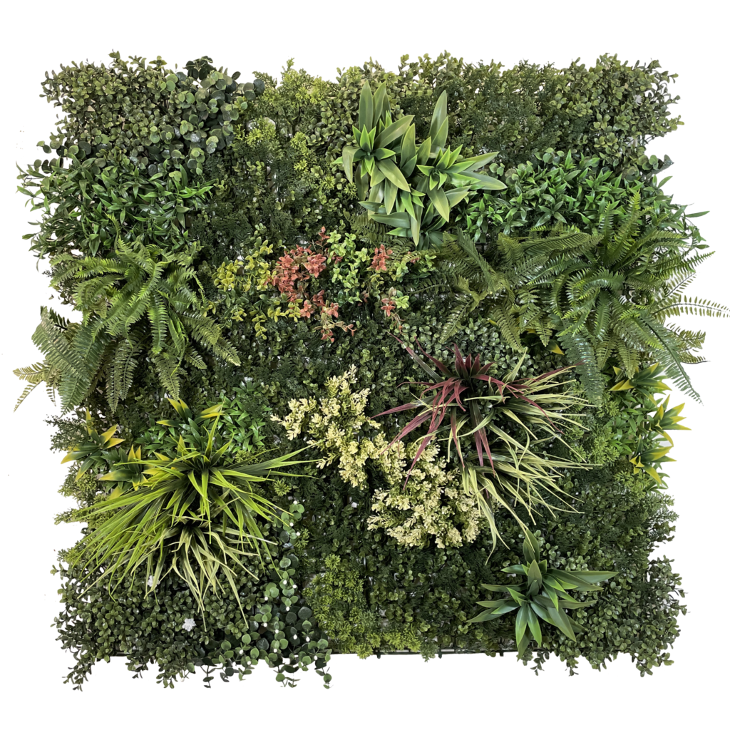 Artificial green foliage wall panel with mixed leaves and variegated red orange accents