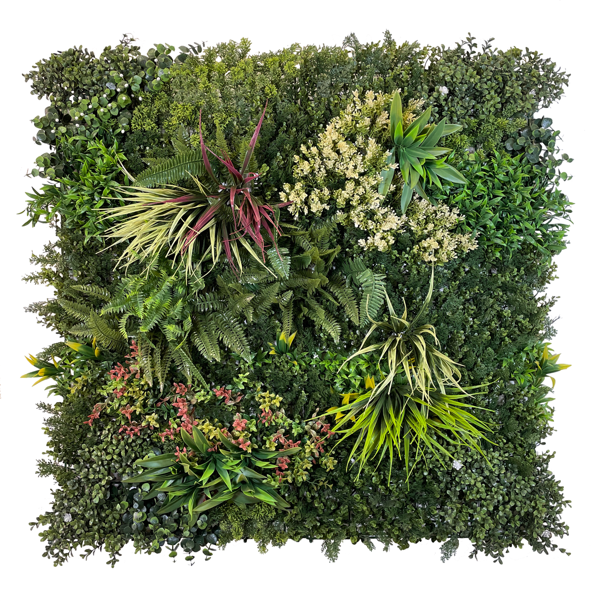 Artificial green foliage wall panel with mixed variegated greens, yellow-white and red accents
