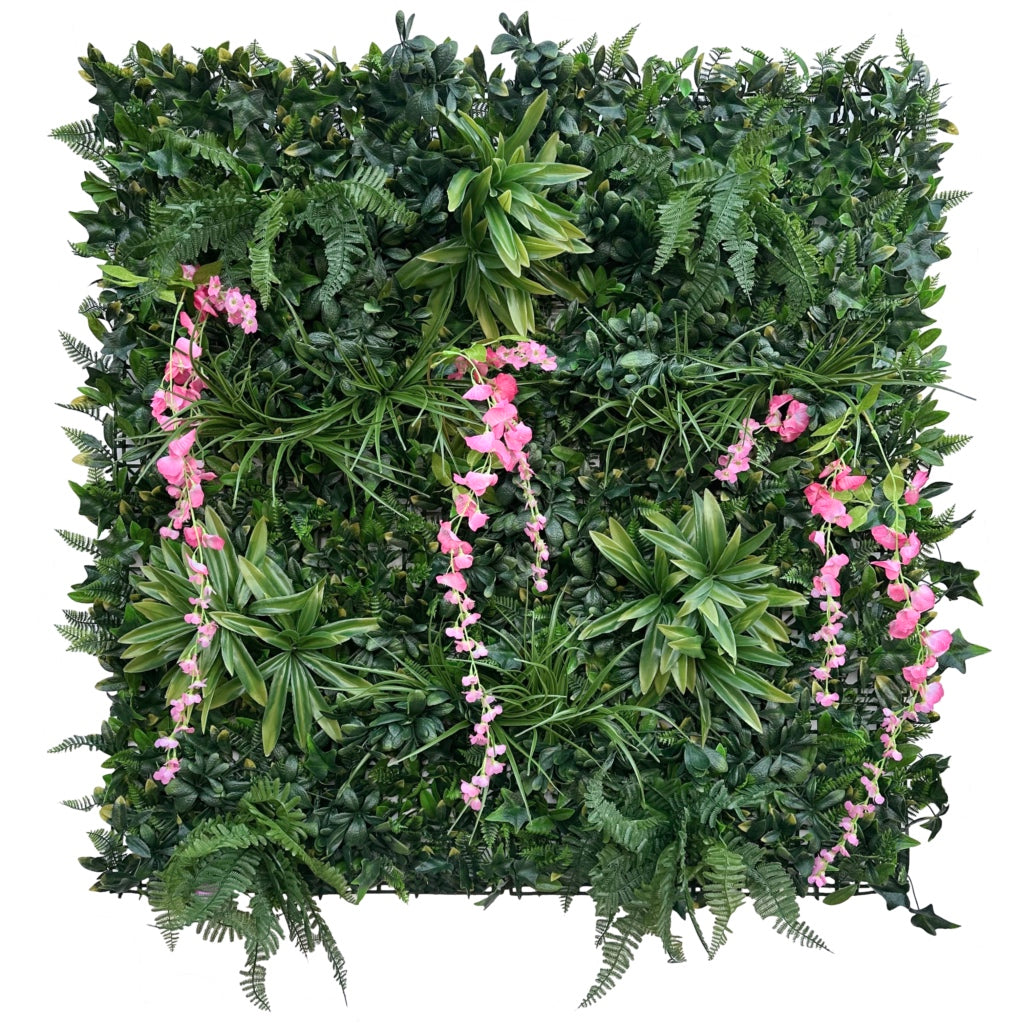 Artificial green wall panel with variegated foliage and pink trailing sweet peas