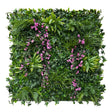 Artificial green wall panel with variegated greens of ivy, ferns, palm heads, grasses & purple trailing flowers 100x100 cm