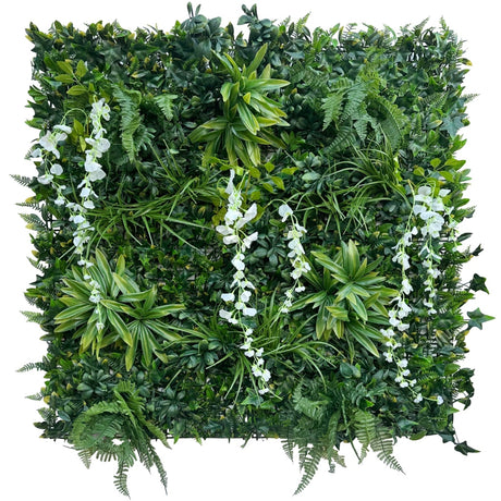 Artificial green wall panel with variegated foliage and white trailing sweet peas