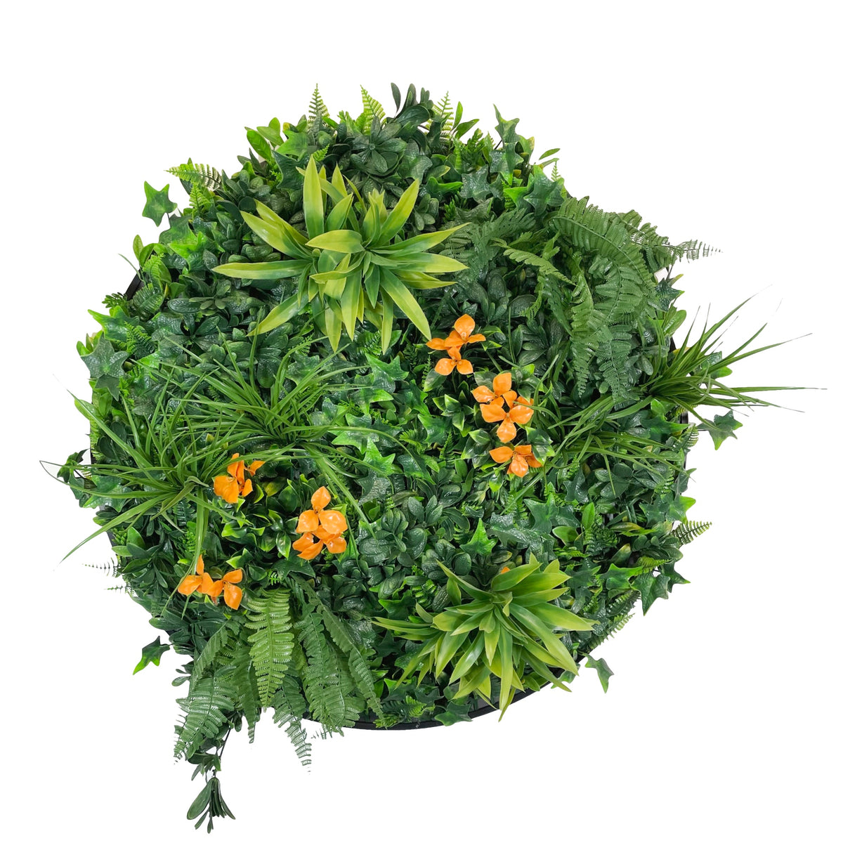 Orange and green artificial flower bundle wreath-style with orange blossoms and spiky greens
