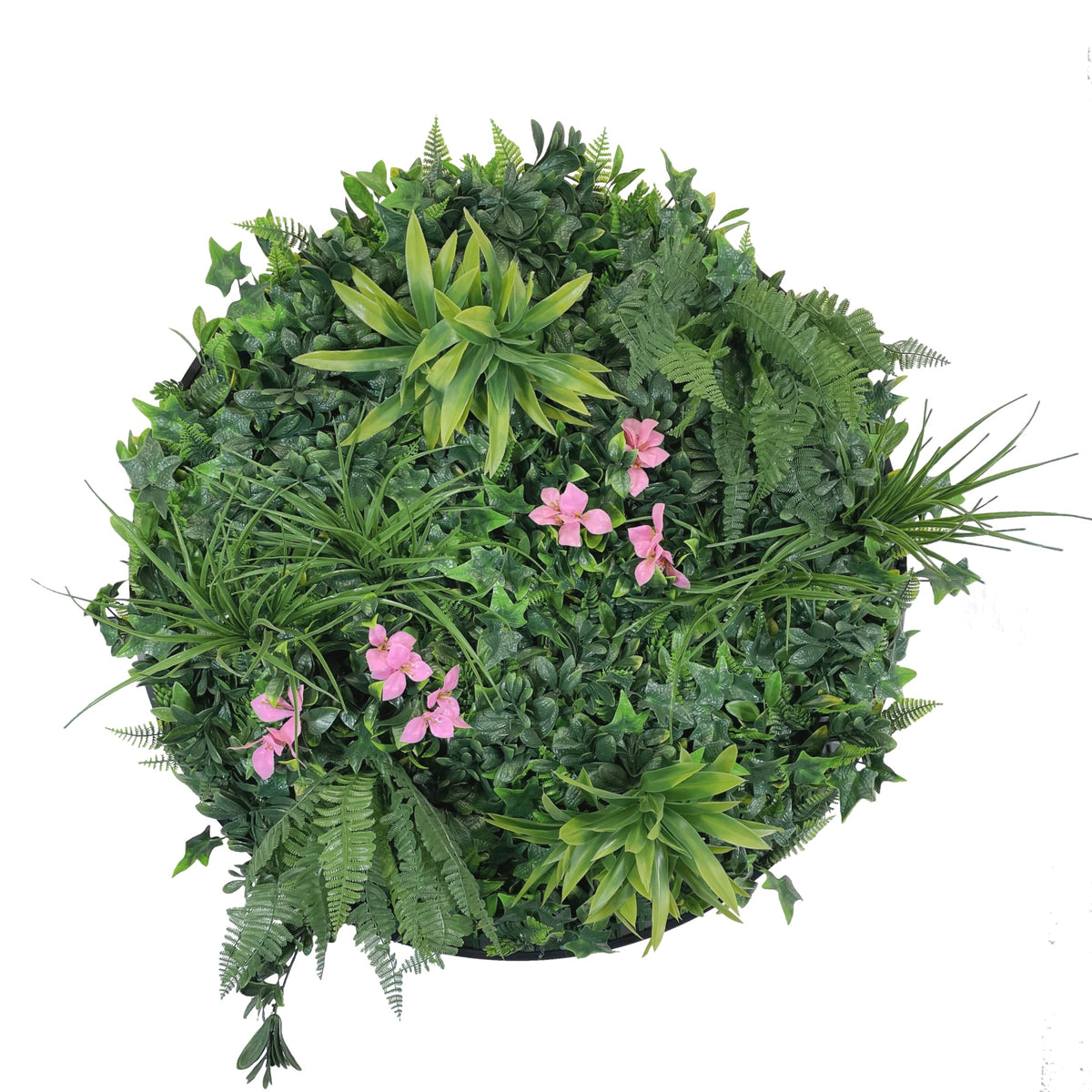 Artificial flower arrangement with dense green foliage and scattered pink blossoms