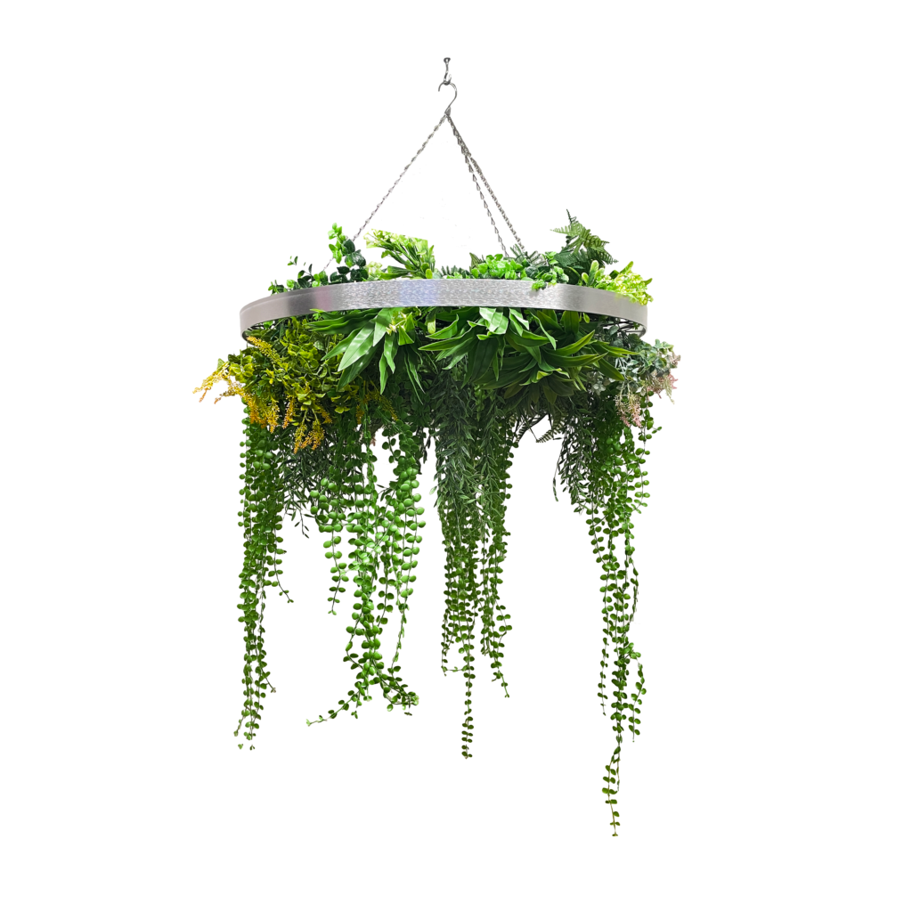 Hanging hoop with a mixture of artificial green plants with yellow flowers 80cm diameter