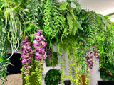 Artificial 3D hanging raft with lush green foliage and trailing pink wisteria 100x50cm ceiling or wall