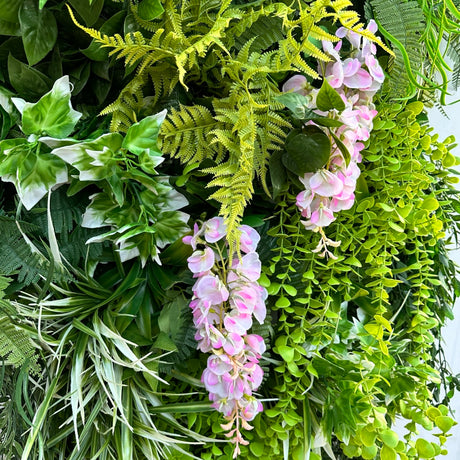 Artificial 3D hanging raft with lush green foliage and trailing pink wisteria 100x50cm ceiling or wall