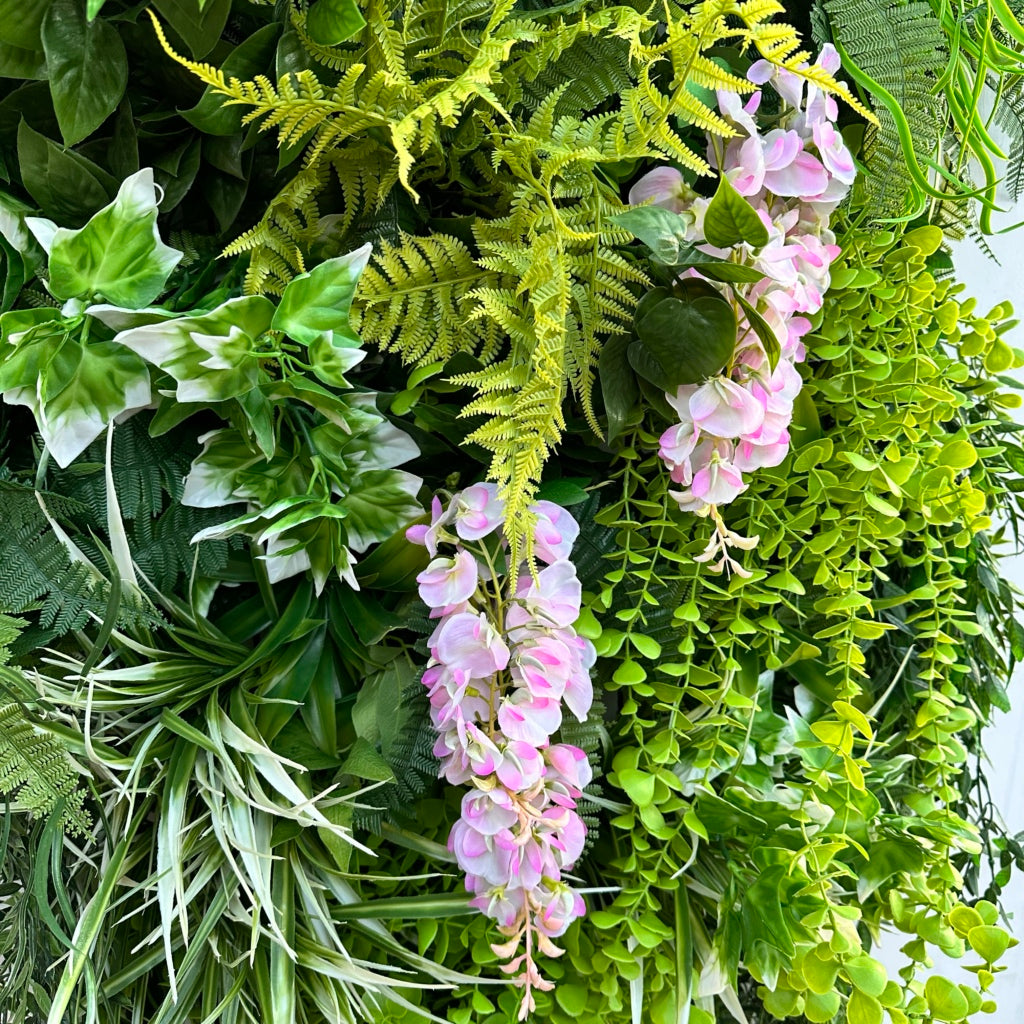 Artificial 3D hanging raft with lush green foliage and trailing pink wisteria 100x50cm ceiling or wall