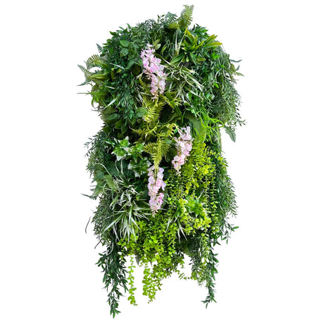 Artificial 3D hanging raft with lush green foliage and trailing pink wisteria 100x50cm ceiling or wall