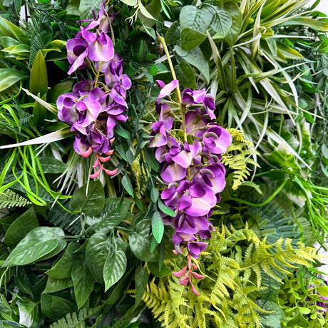 Artificial 3D hanging raft with lush green foliage and trailing purple wisteria 100x50cm ceiling or wall