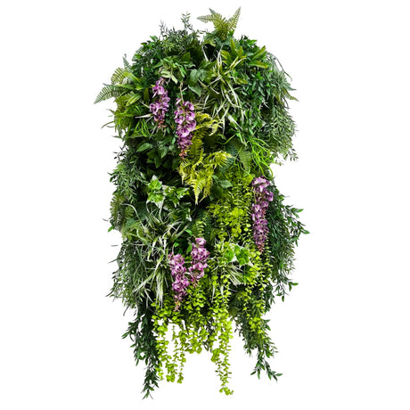 Artificial 3D hanging raft with lush green foliage and trailing purple wisteria 100x50cm ceiling or wall